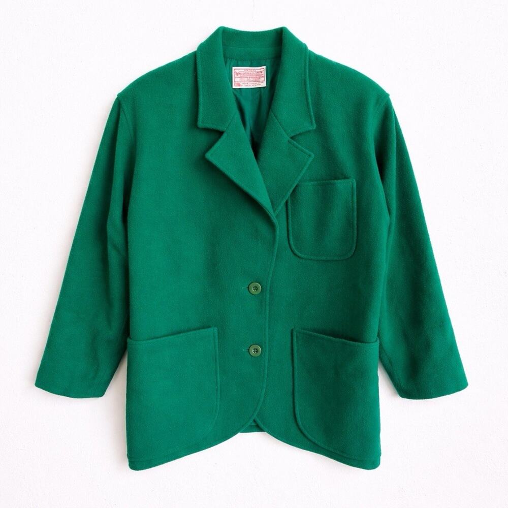 Vtg Pendleton Blazer Sz 8 Green Virgin Wool Two Button Made USA Boxy Cut